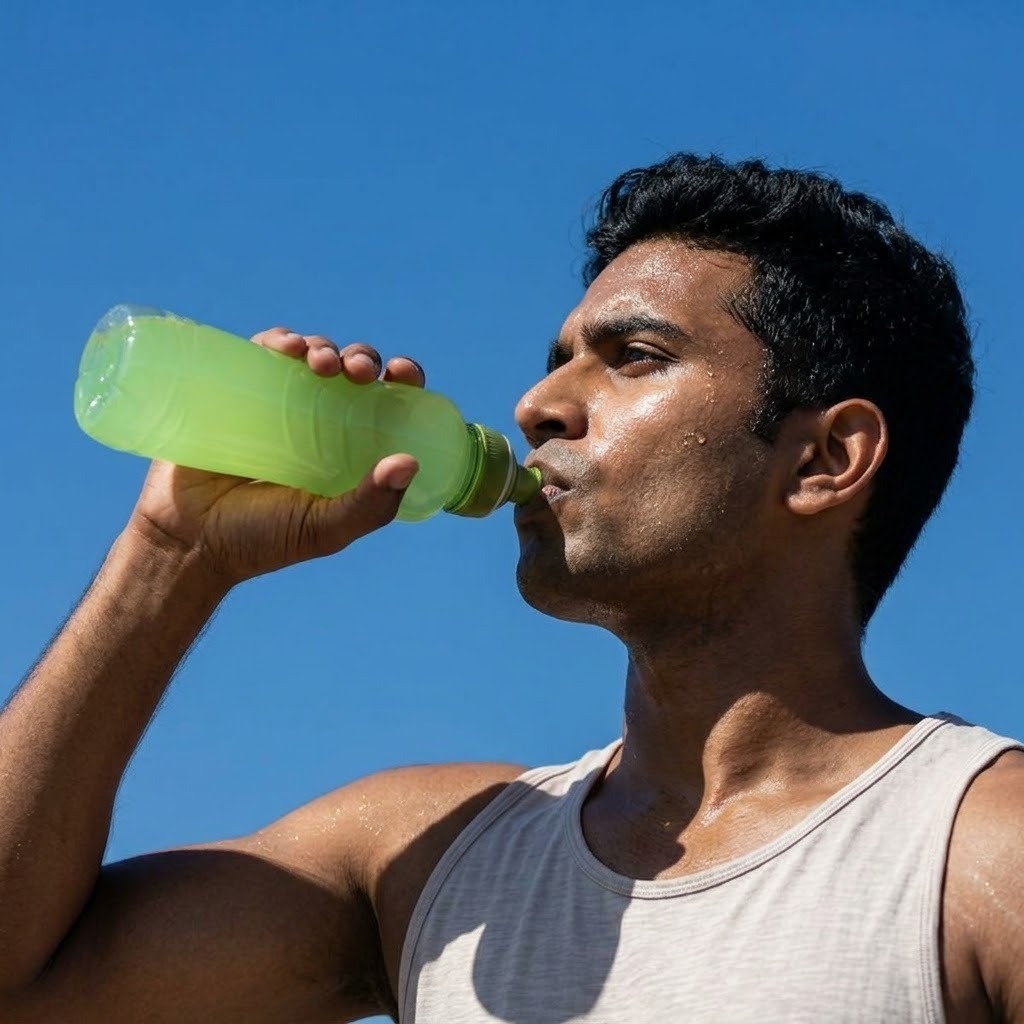Sweaty male athlete holding lime hydration drink